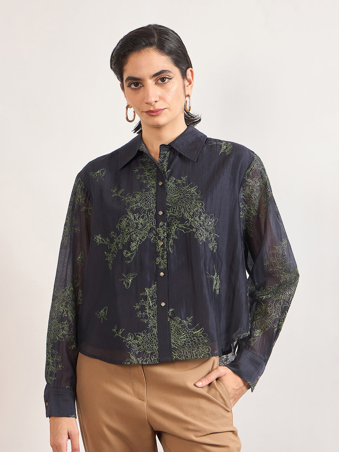 Navy Smart-Length Nylon Viscose Shirt with Contrast Embroidery