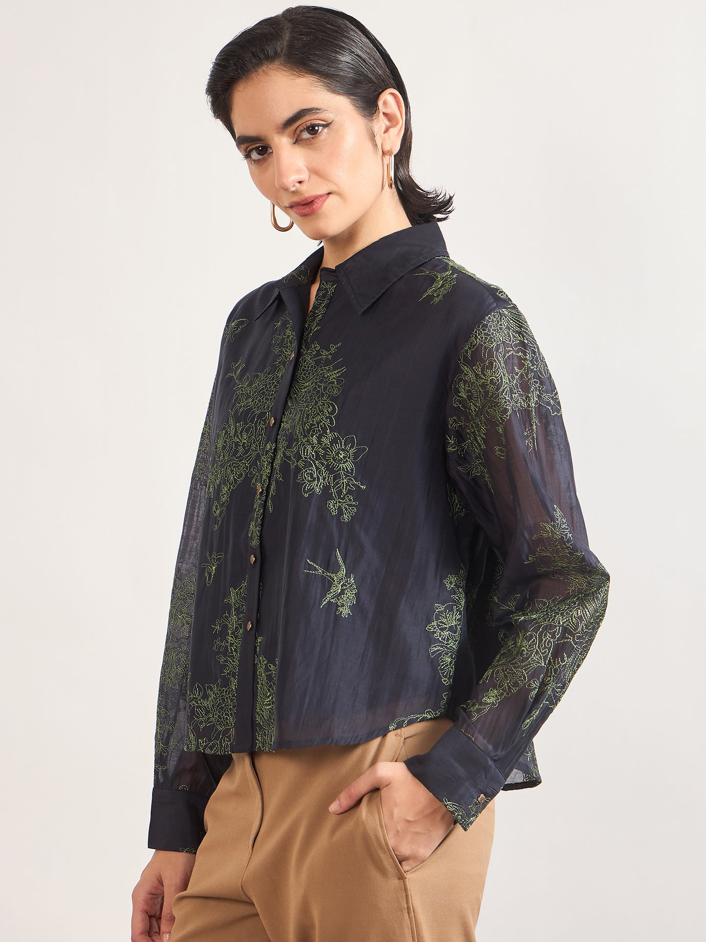 Navy Smart-Length Nylon Viscose Shirt with Contrast Embroidery