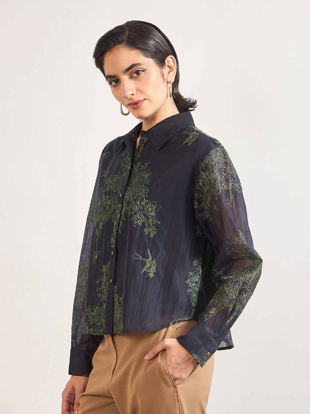 Navy Smart-Length Nylon Viscose Shirt with Contrast Embroidery