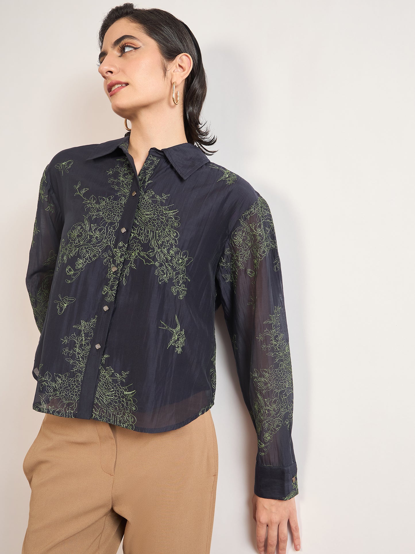 Navy Smart-Length Nylon Viscose Shirt with Contrast Embroidery
