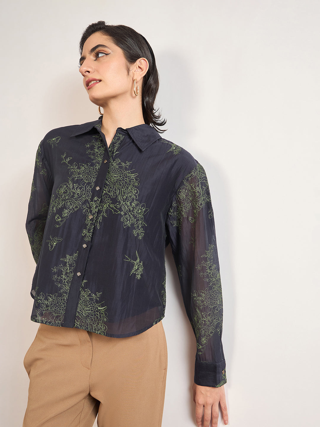 Navy Smart-Length Nylon Viscose Shirt with Contrast Embroidery