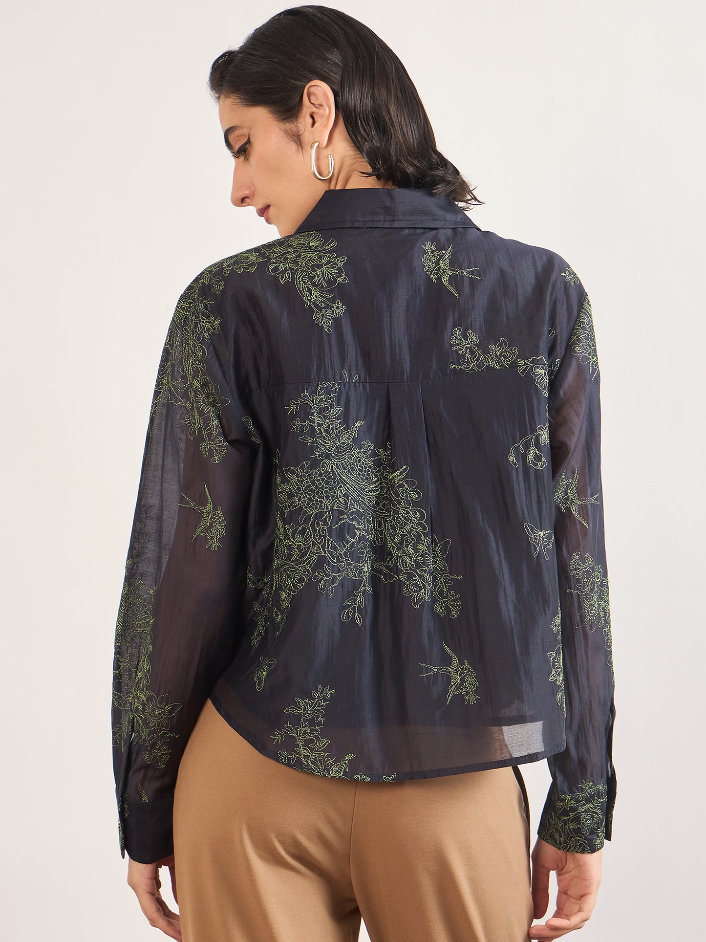 Navy Smart-Length Nylon Viscose Shirt with Contrast Embroidery