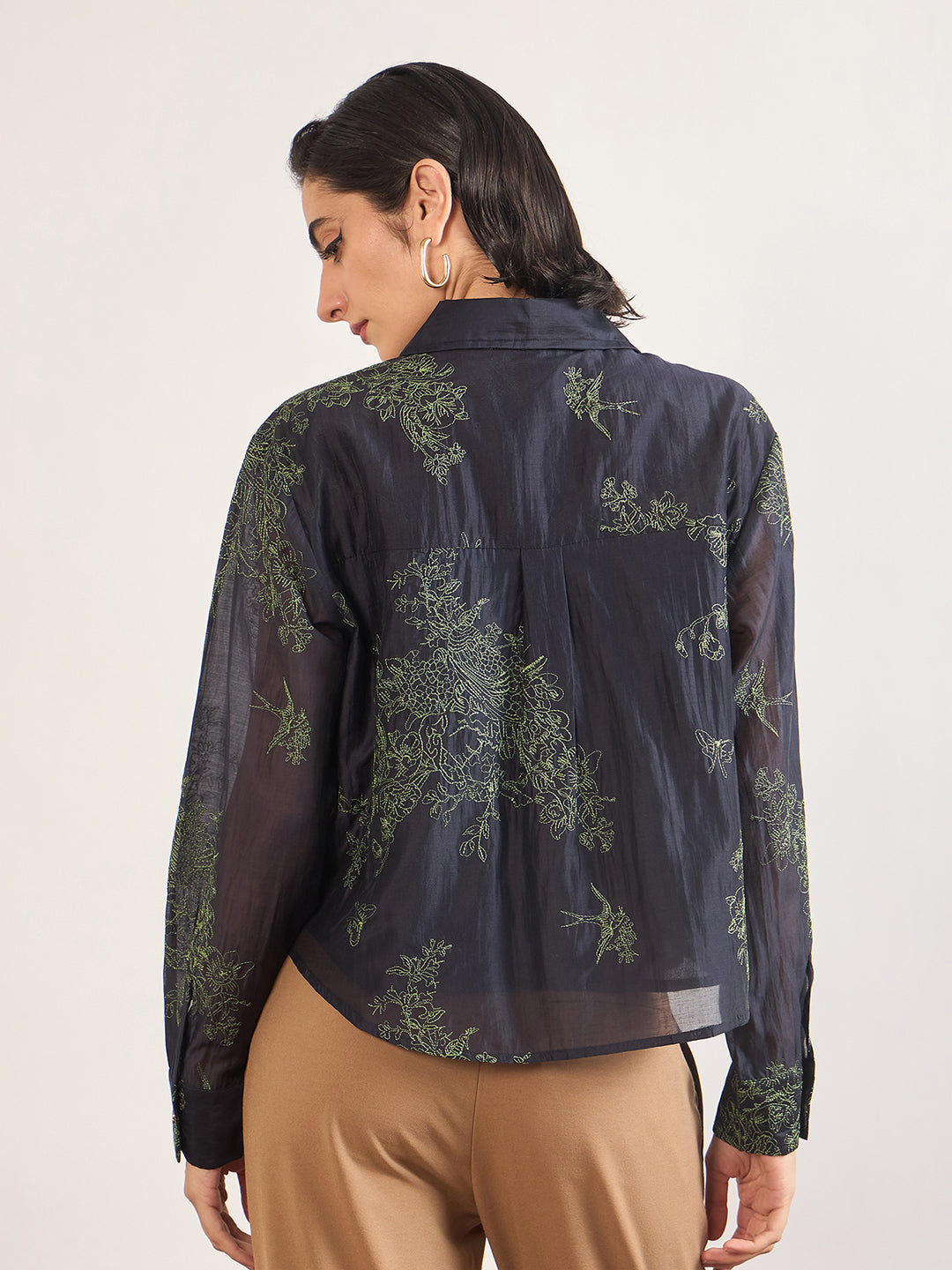 Navy Smart-Length Nylon Viscose Shirt with Contrast Embroidery