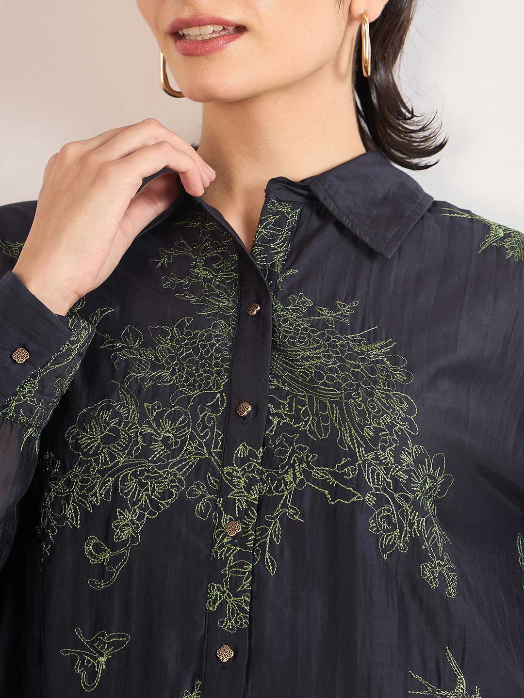 Navy Smart-Length Nylon Viscose Shirt with Contrast Embroidery