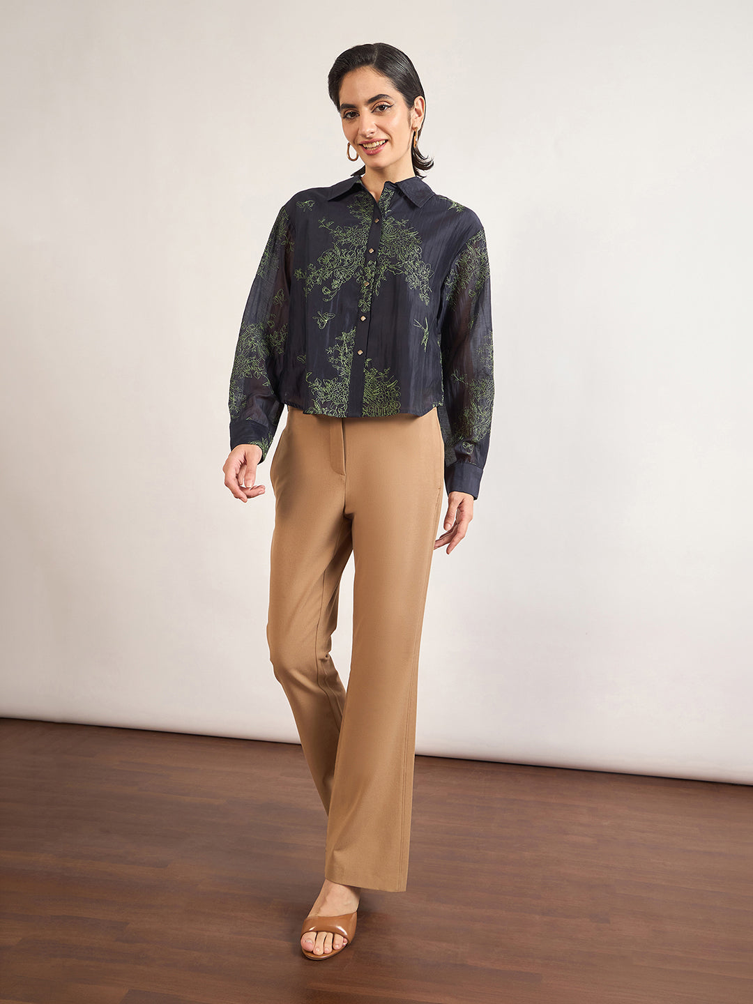 Navy Smart-Length Nylon Viscose Shirt with Contrast Embroidery
