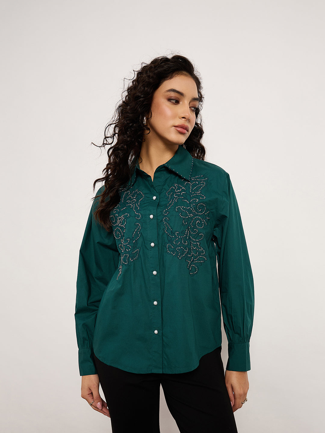 Bottle Green Shirt With 3D Abstract Crochet Patchwork & Stud Detailing
