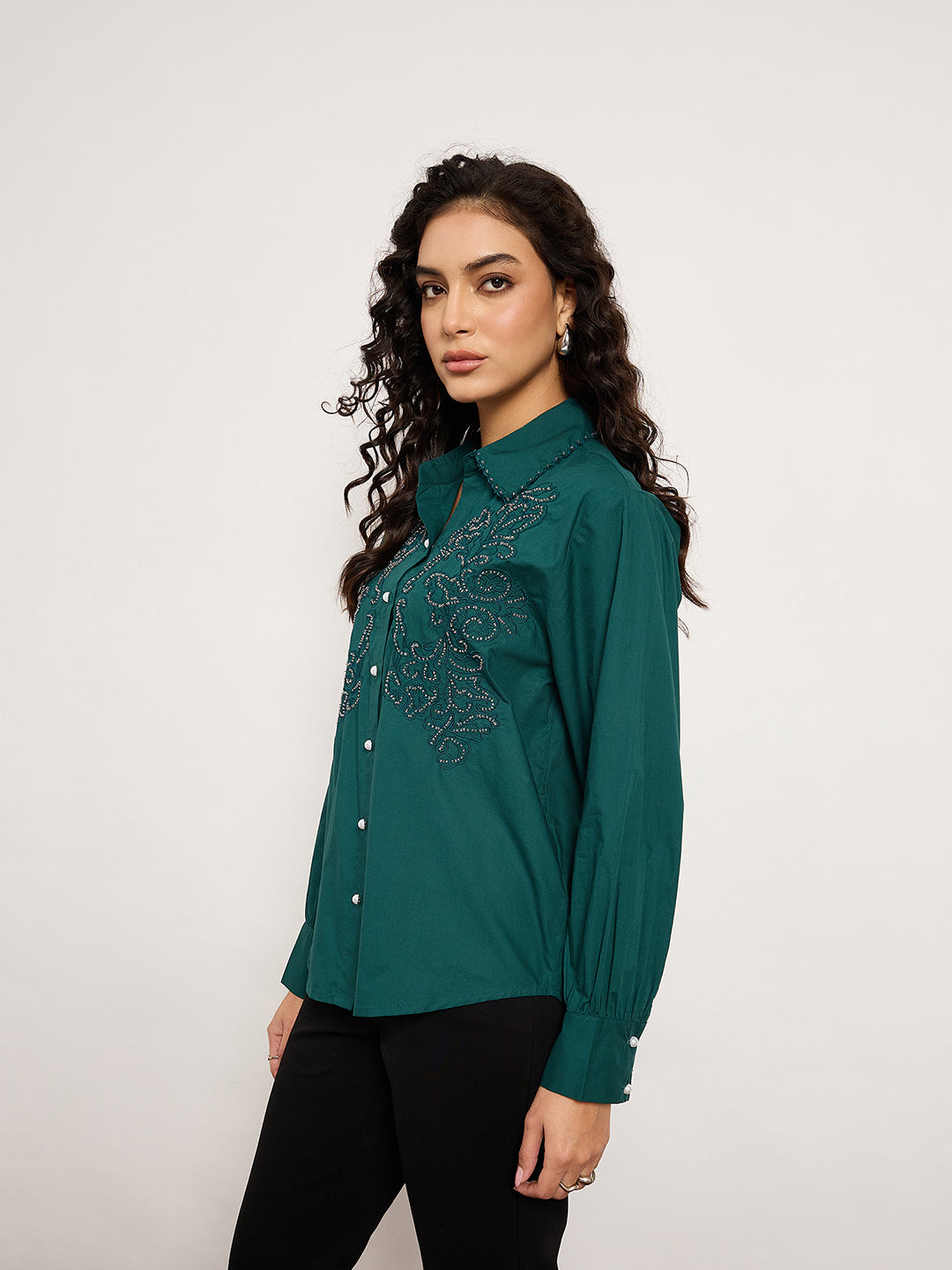 Bottle Green Shirt With 3D Abstract Crochet Patchwork & Stud Detailing