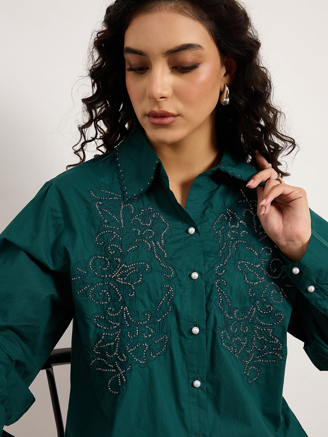 Bottle Green Shirt With 3D Abstract Crochet Patchwork & Stud Detailing
