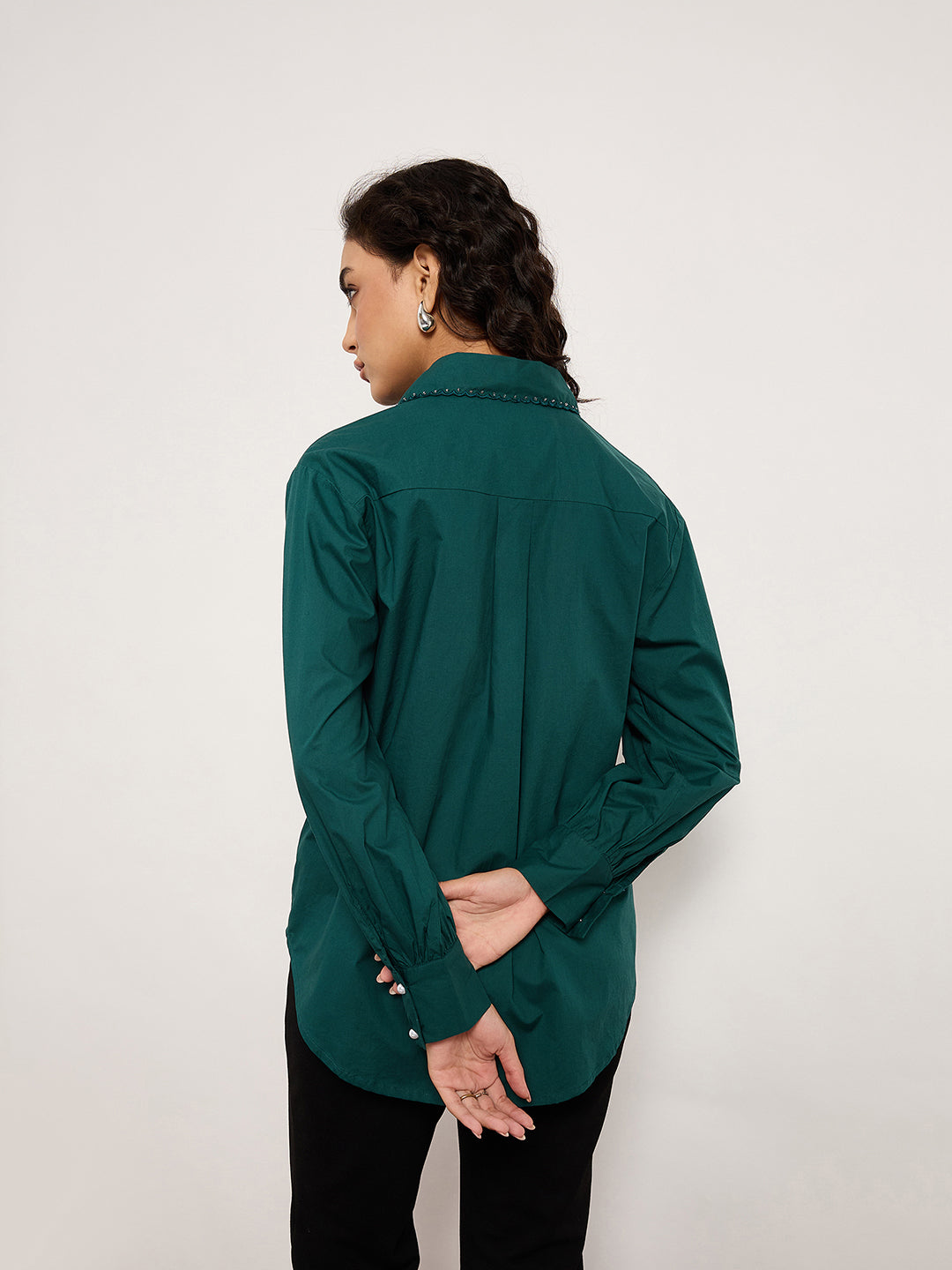 Bottle Green Shirt With 3D Abstract Crochet Patchwork & Stud Detailing