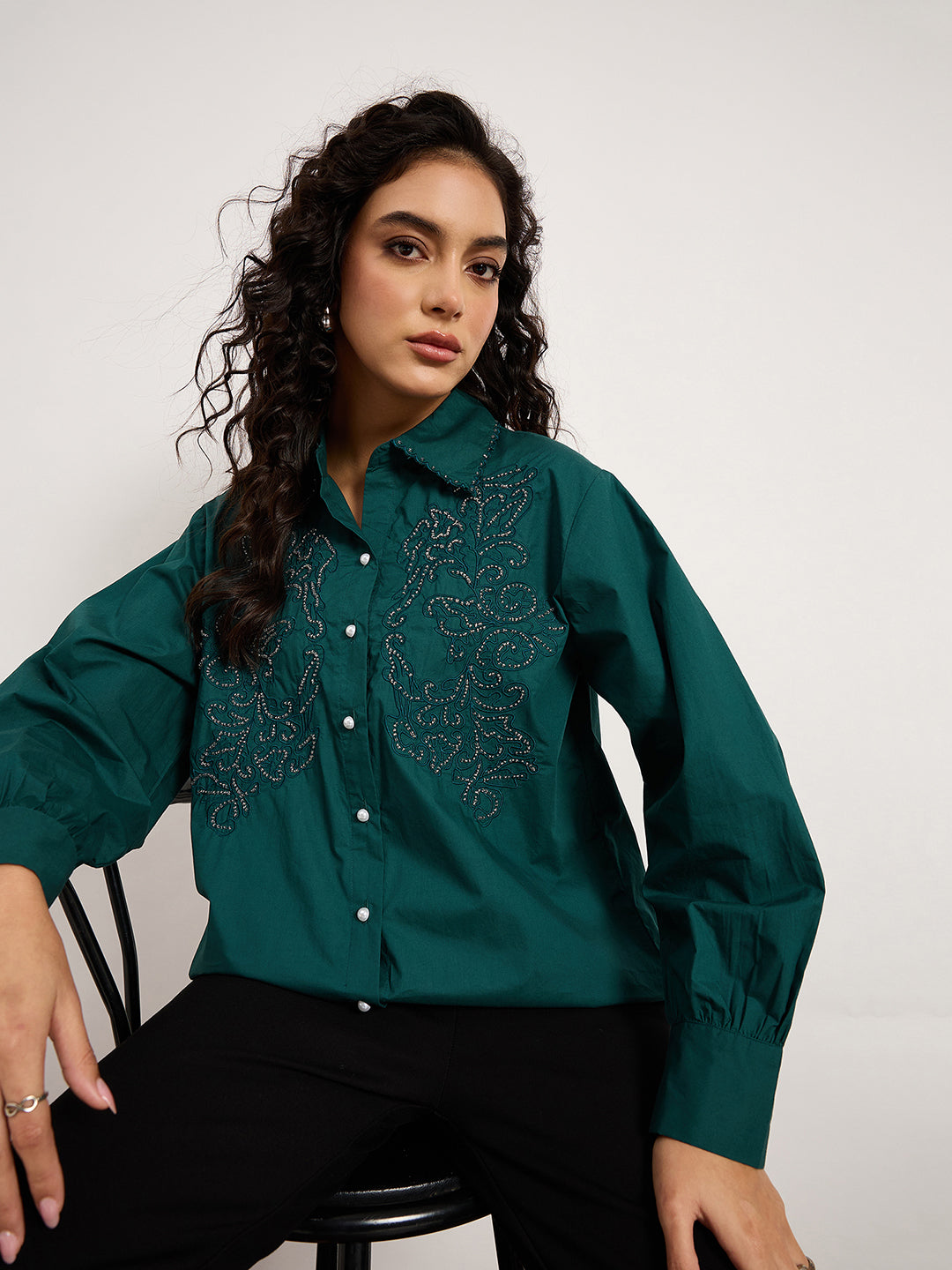 Bottle Green Shirt With 3D Abstract Crochet Patchwork & Stud Detailing