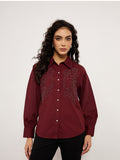 Wine Shirt With 3D Abstract Crochet Patchwork & Stud Detailing