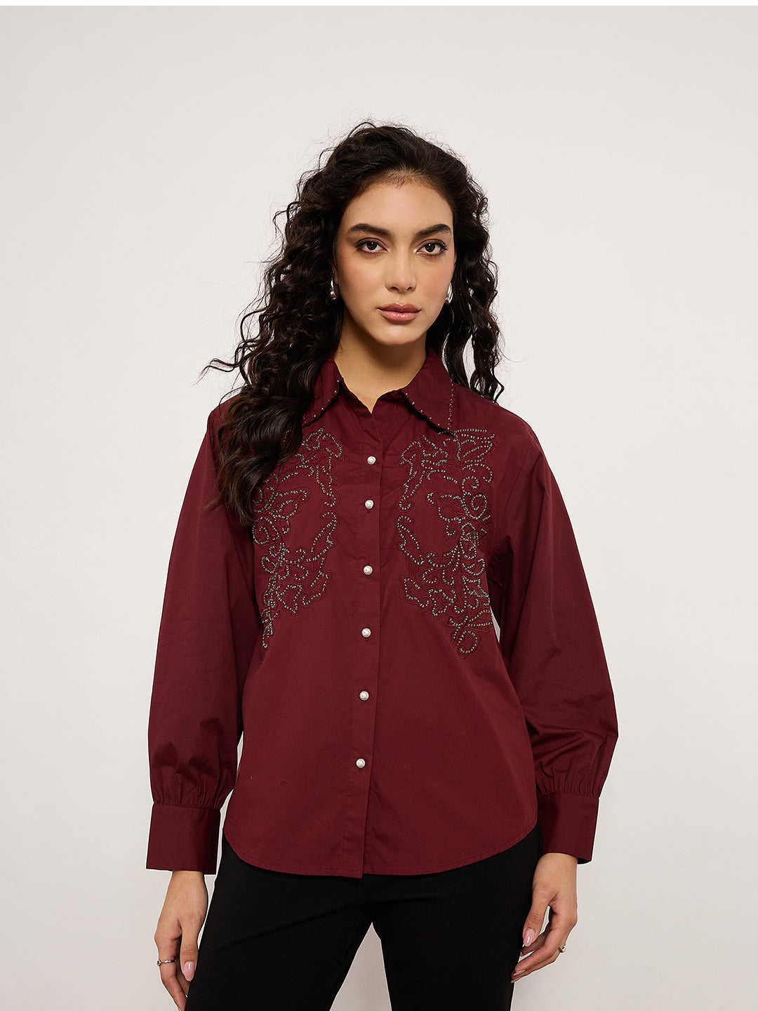 Wine Shirt With 3D Abstract Crochet Patchwork & Stud Detailing