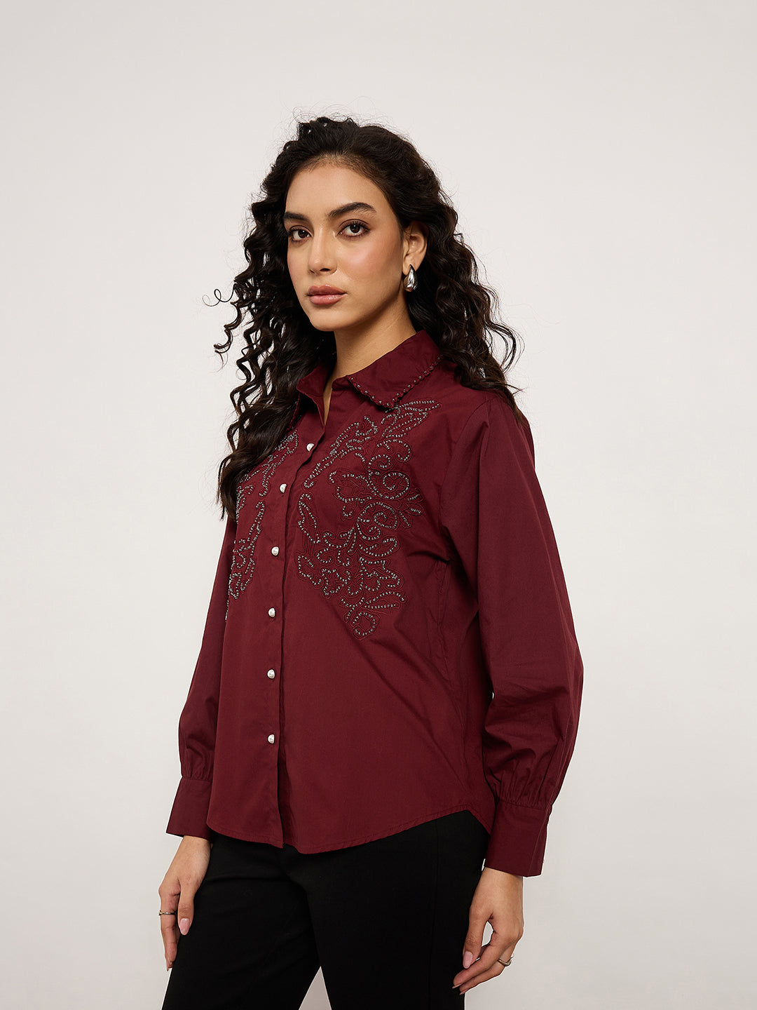 Wine Shirt With 3D Abstract Crochet Patchwork & Stud Detailing