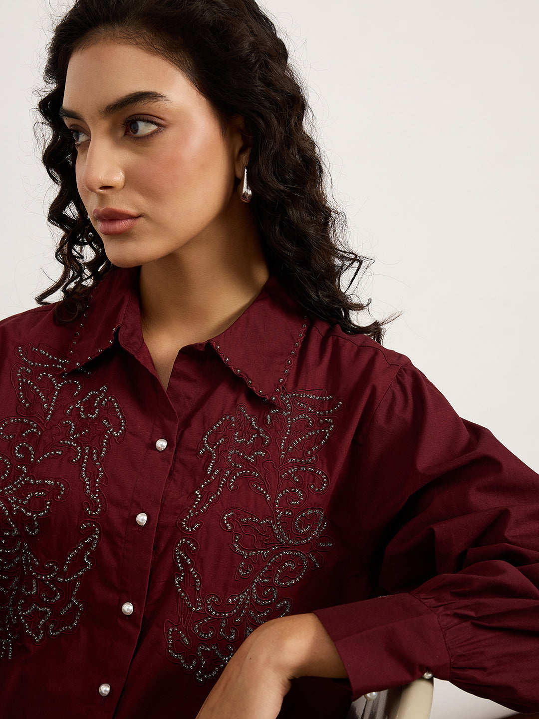 Wine Shirt With 3D Abstract Crochet Patchwork & Stud Detailing