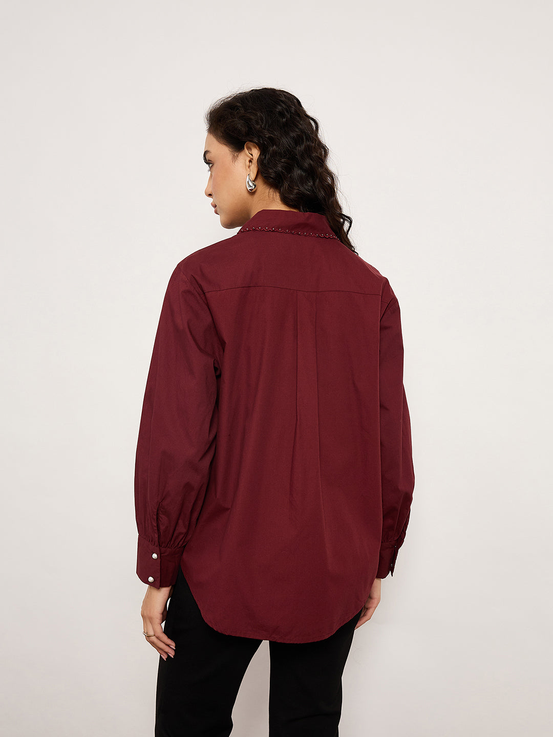 Wine Shirt With 3D Abstract Crochet Patchwork & Stud Detailing