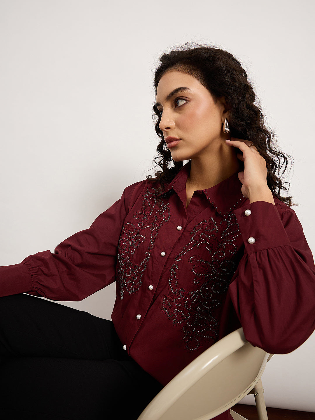 Wine Shirt With 3D Abstract Crochet Patchwork & Stud Detailing