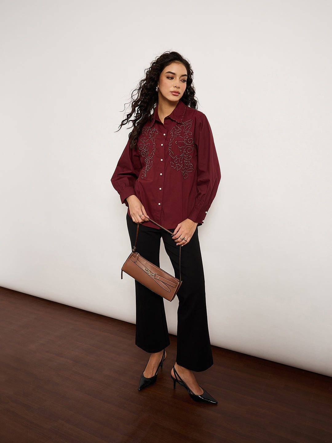 Wine Shirt With 3D Abstract Crochet Patchwork & Stud Detailing