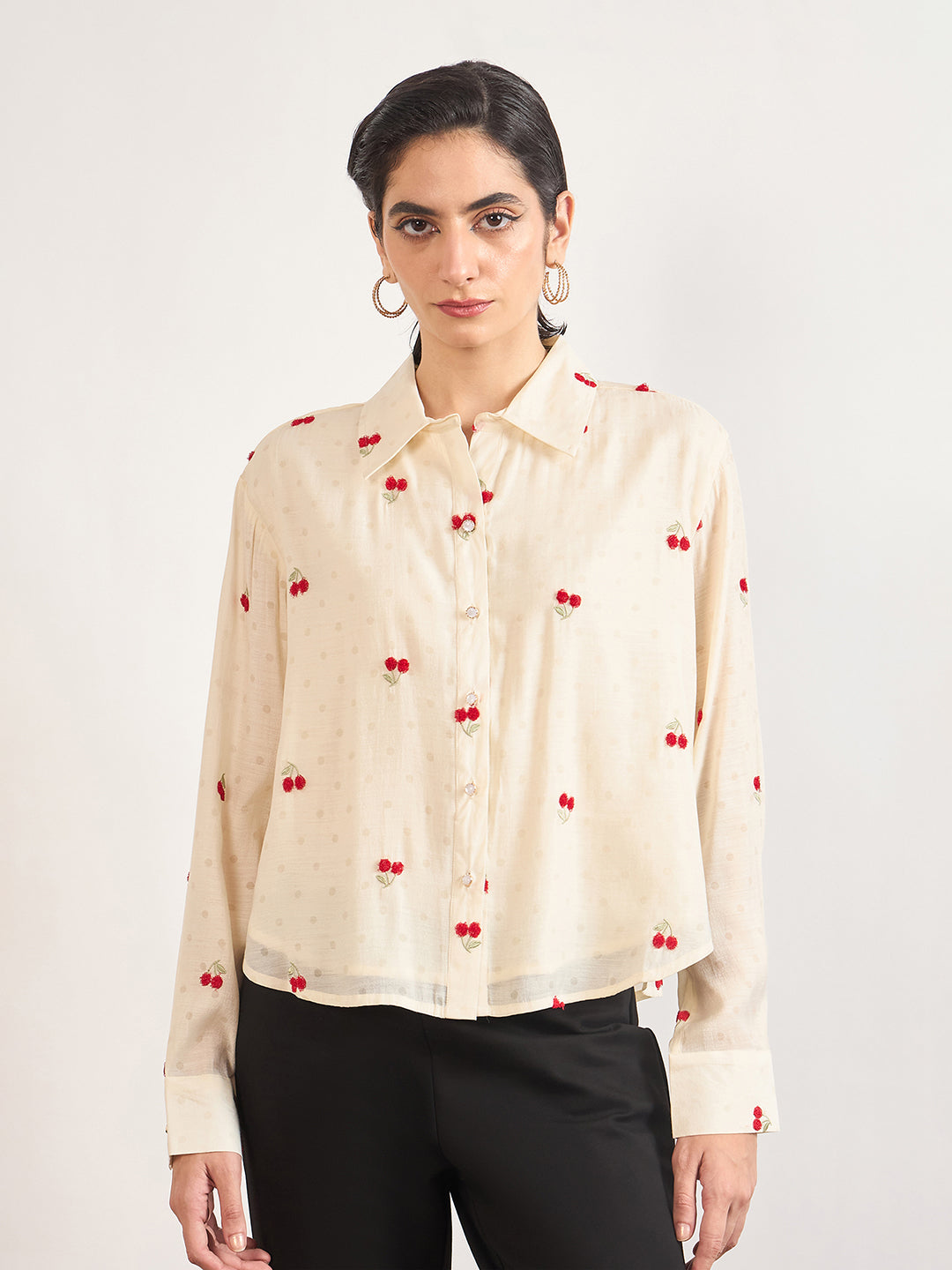 Cream Short Length Self Embroidery Nylon Viscose Shirt