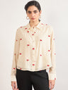 Cream Short Length Self Embroidery Nylon Viscose Shirt