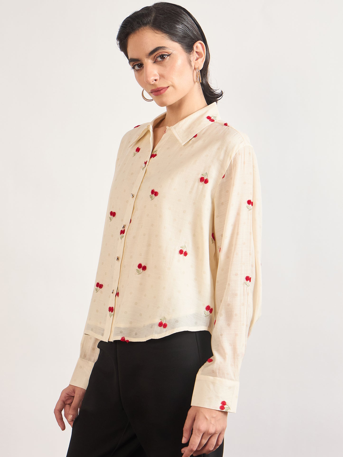 Cream Short Length Self Embroidery Nylon Viscose Shirt