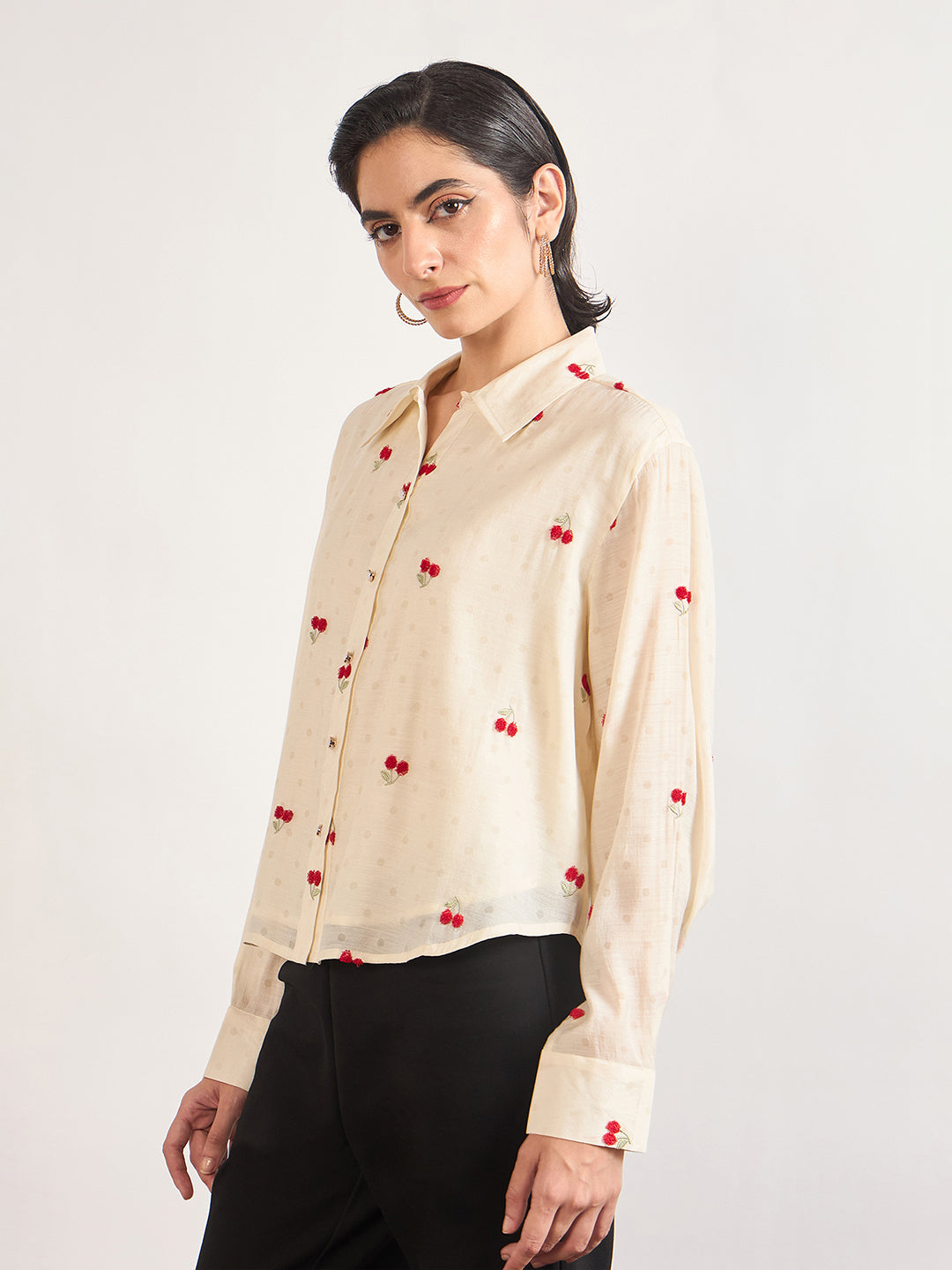 Cream Short Length Self Embroidery Nylon Viscose Shirt