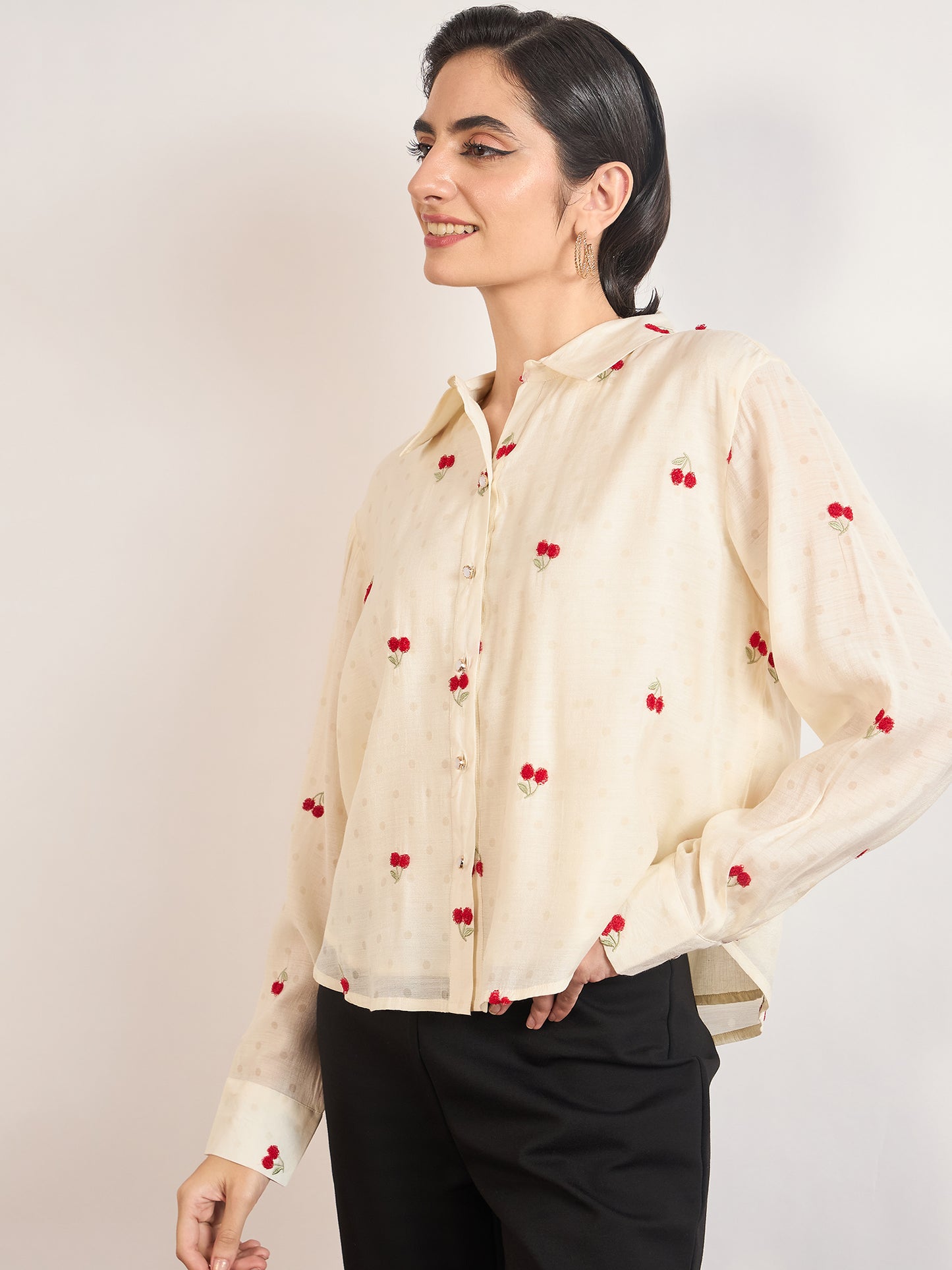 Cream Short Length Self Embroidery Nylon Viscose Shirt