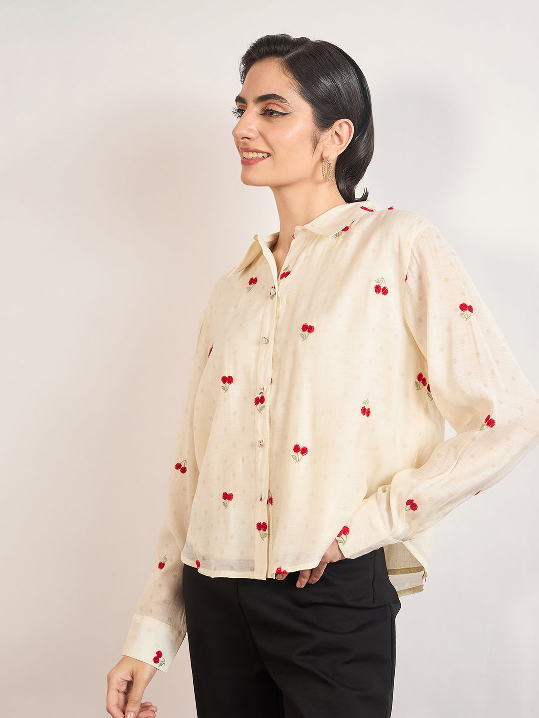 Cream Short Length Self Embroidery Nylon Viscose Shirt