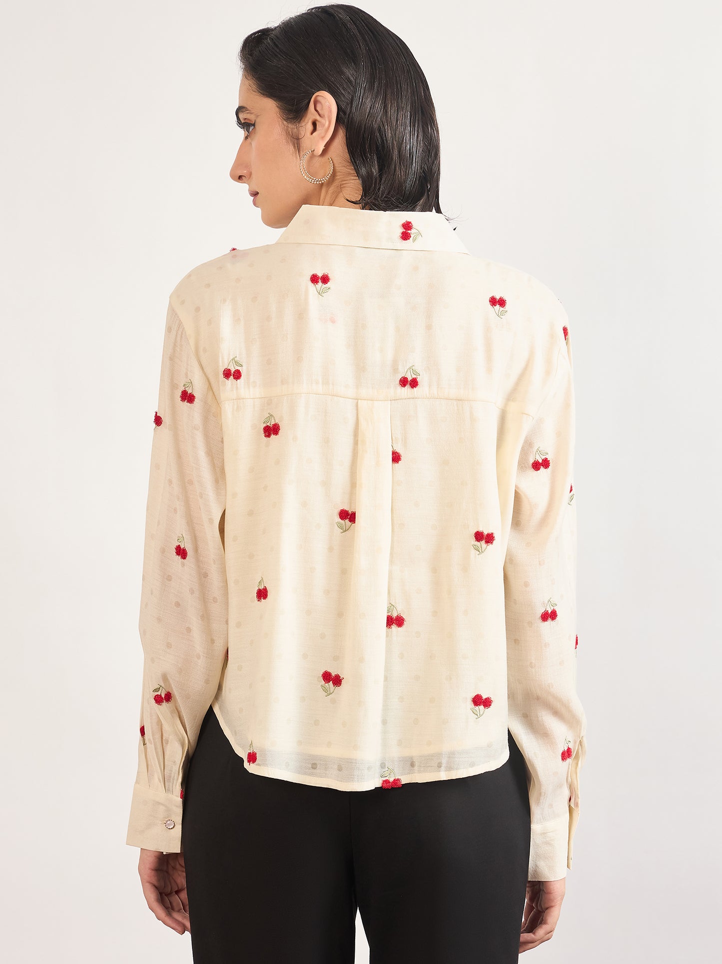 Cream Short Length Self Embroidery Nylon Viscose Shirt
