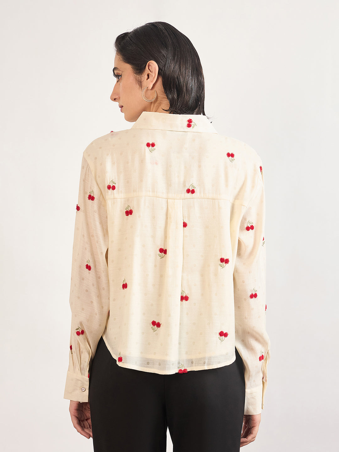 Cream Short Length Self Embroidery Nylon Viscose Shirt