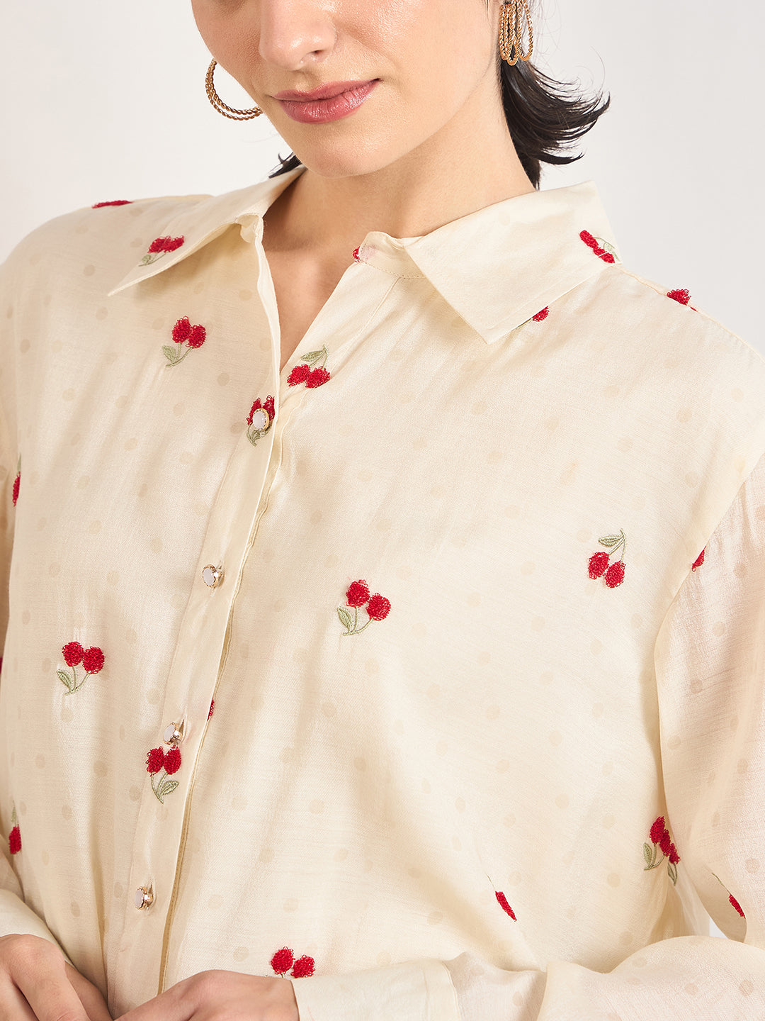 Cream Short Length Self Embroidery Nylon Viscose Shirt