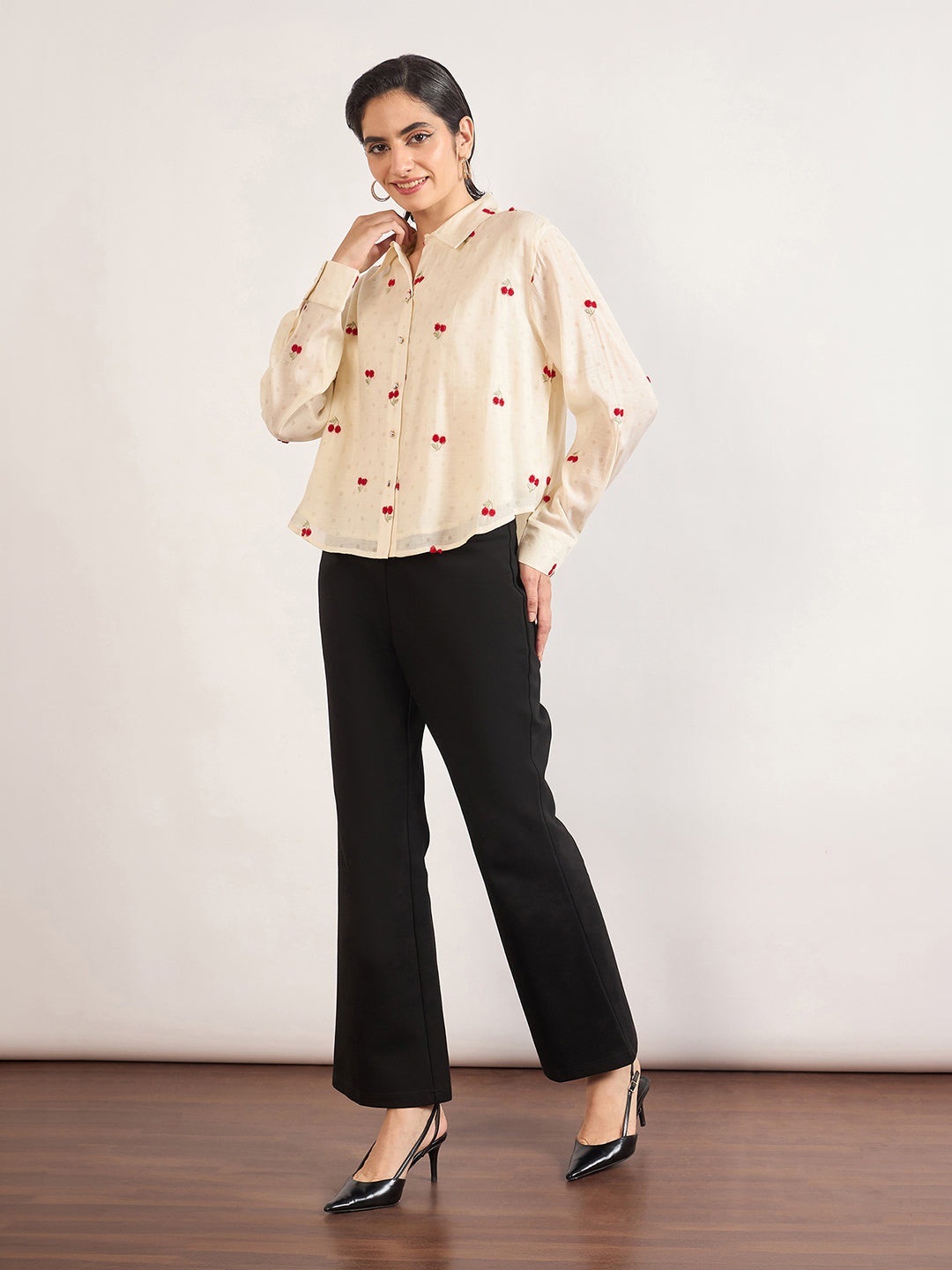 Cream Short Length Self Embroidery Nylon Viscose Shirt