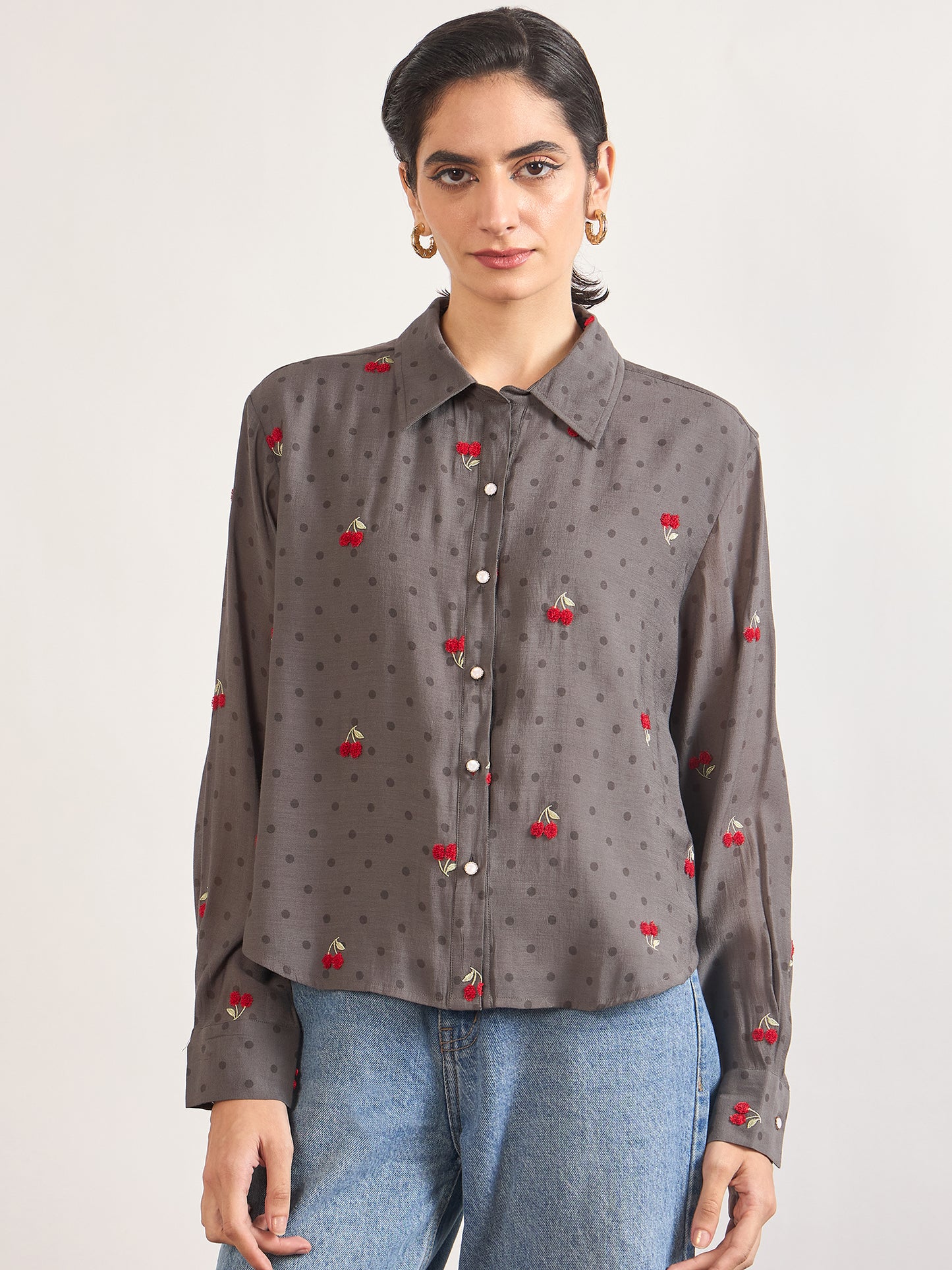 Grey Short Length Self Embroidery Nylon Viscose Shirt