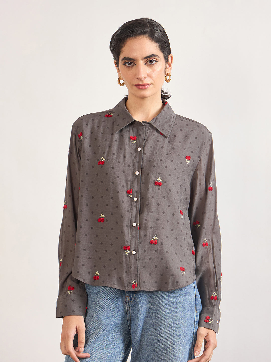 Grey Short Length Self Embroidery Nylon Viscose Shirt