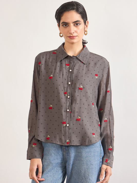 Grey Short Length Self Embroidery Nylon Viscose Shirt
