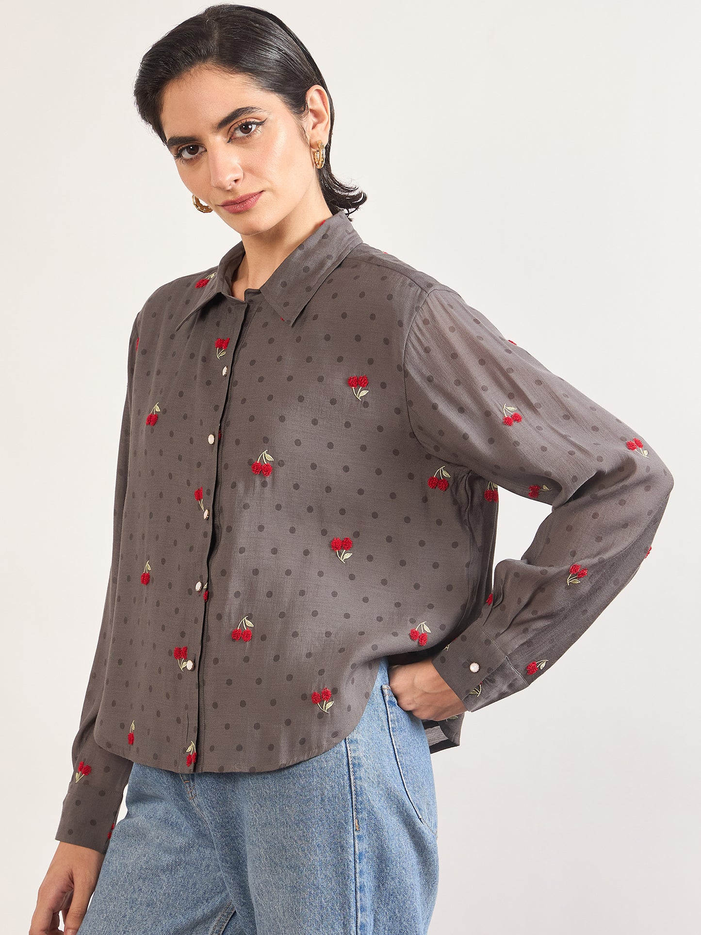 Grey Short Length Self Embroidery Nylon Viscose Shirt
