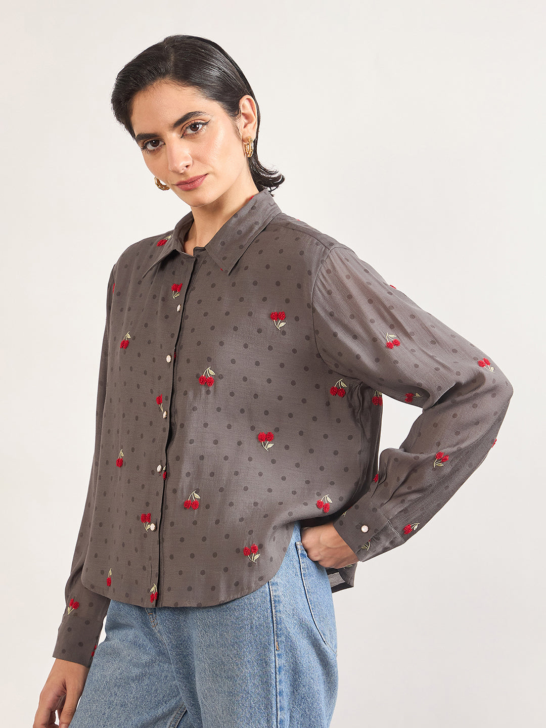 Grey Short Length Self Embroidery Nylon Viscose Shirt