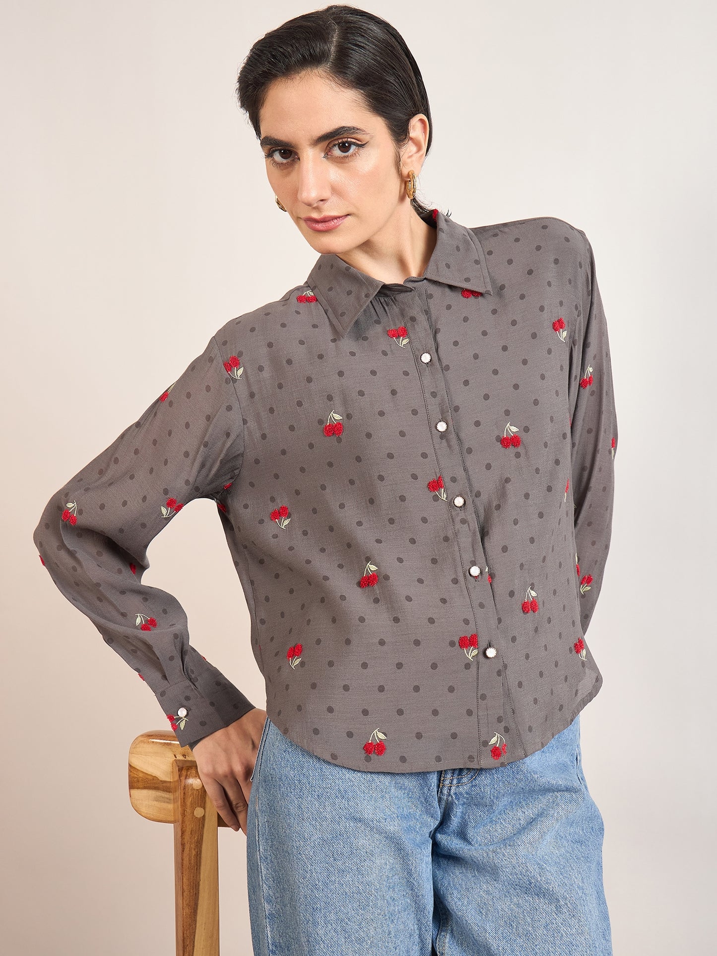 Grey Short Length Self Embroidery Nylon Viscose Shirt