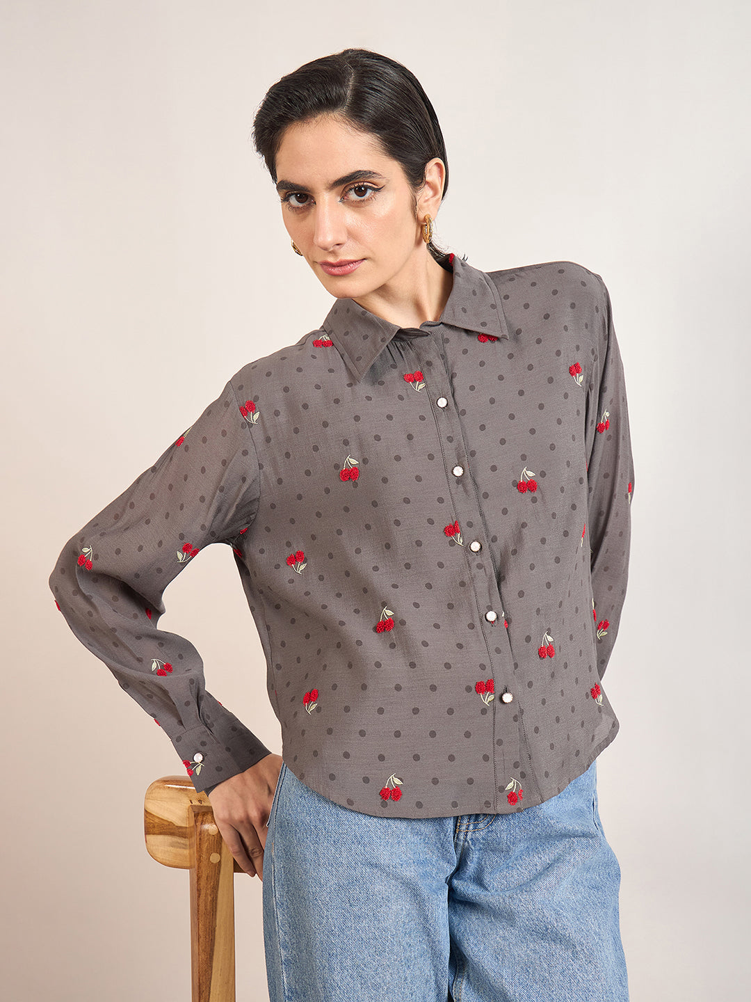 Grey Short Length Self Embroidery Nylon Viscose Shirt