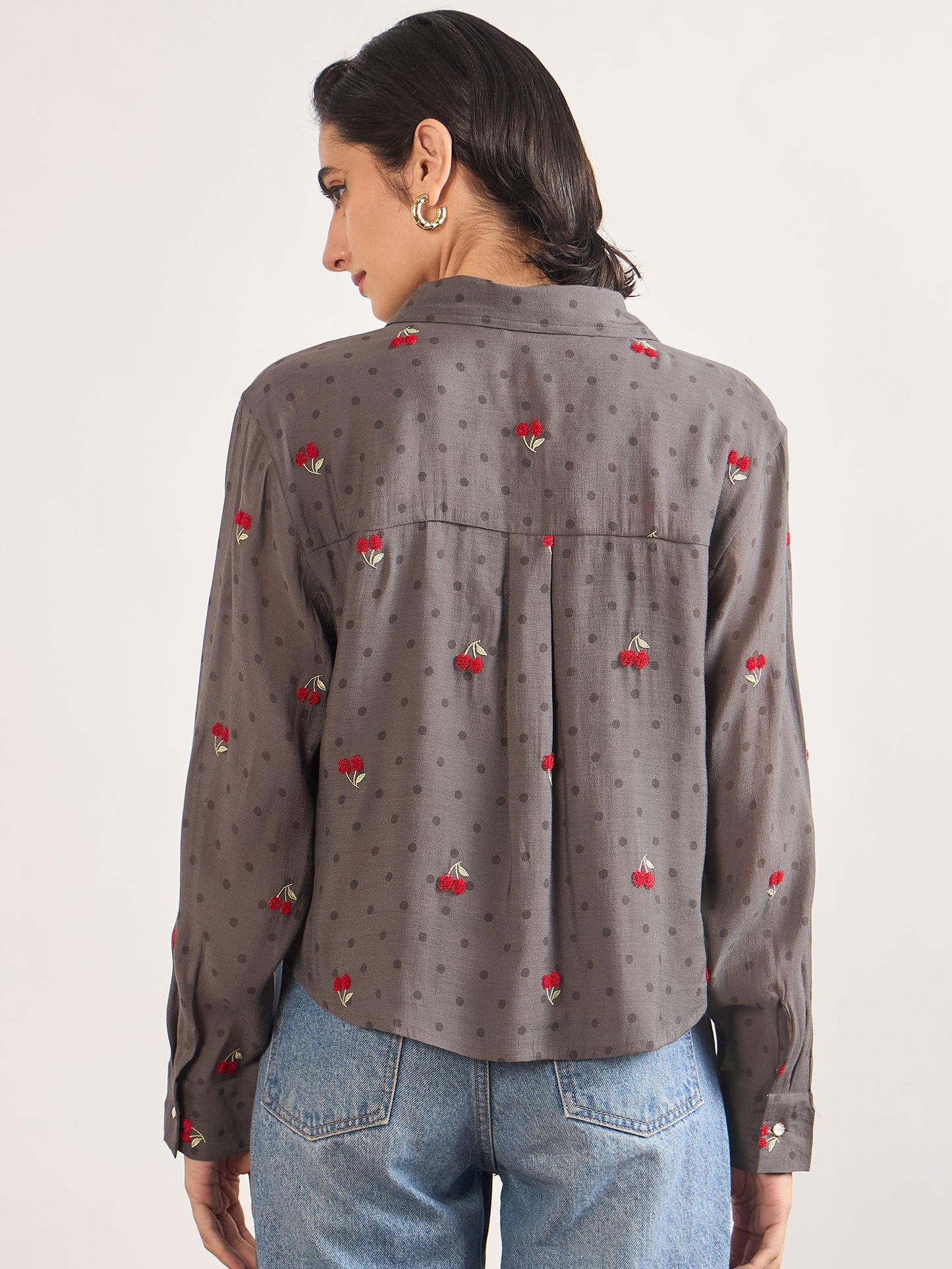 Grey Short Length Self Embroidery Nylon Viscose Shirt