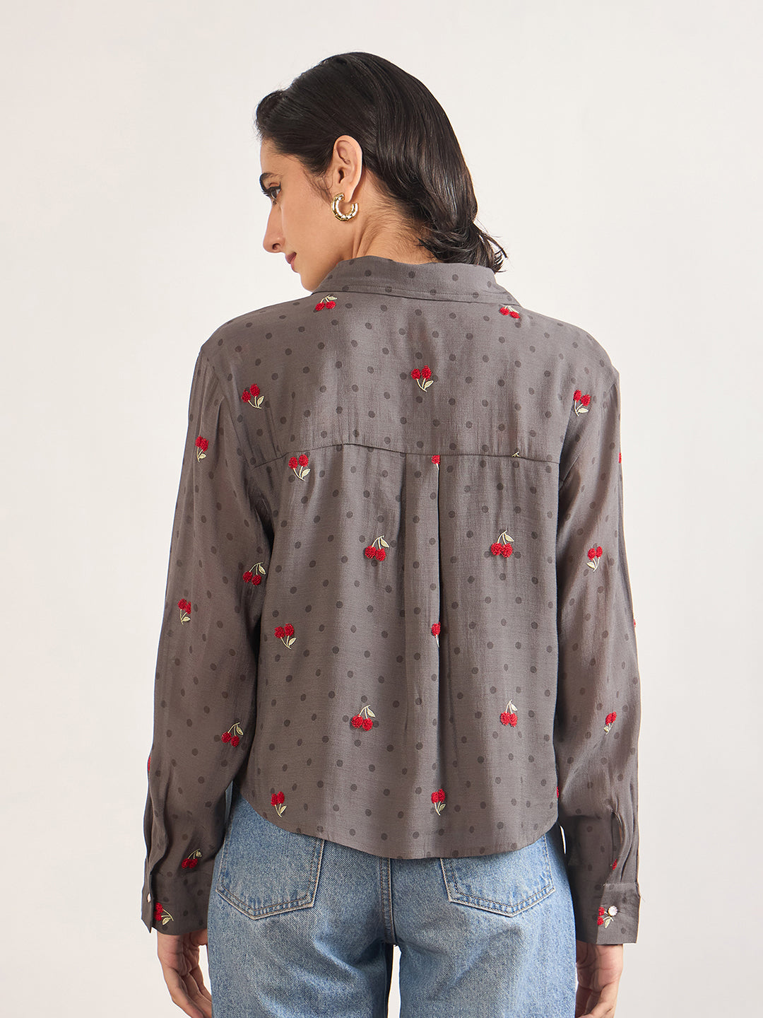 Grey Short Length Self Embroidery Nylon Viscose Shirt