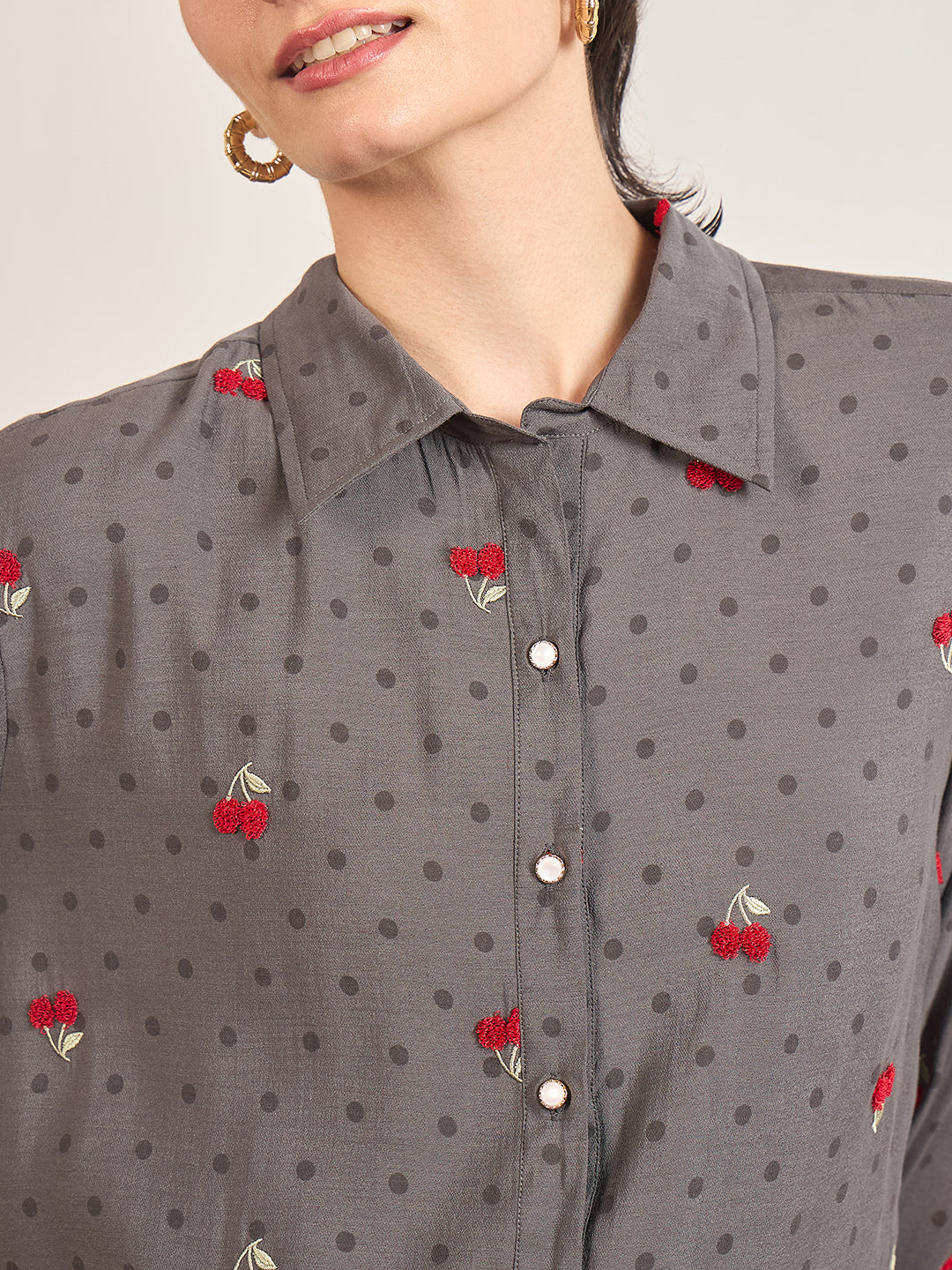 Grey Short Length Self Embroidery Nylon Viscose Shirt