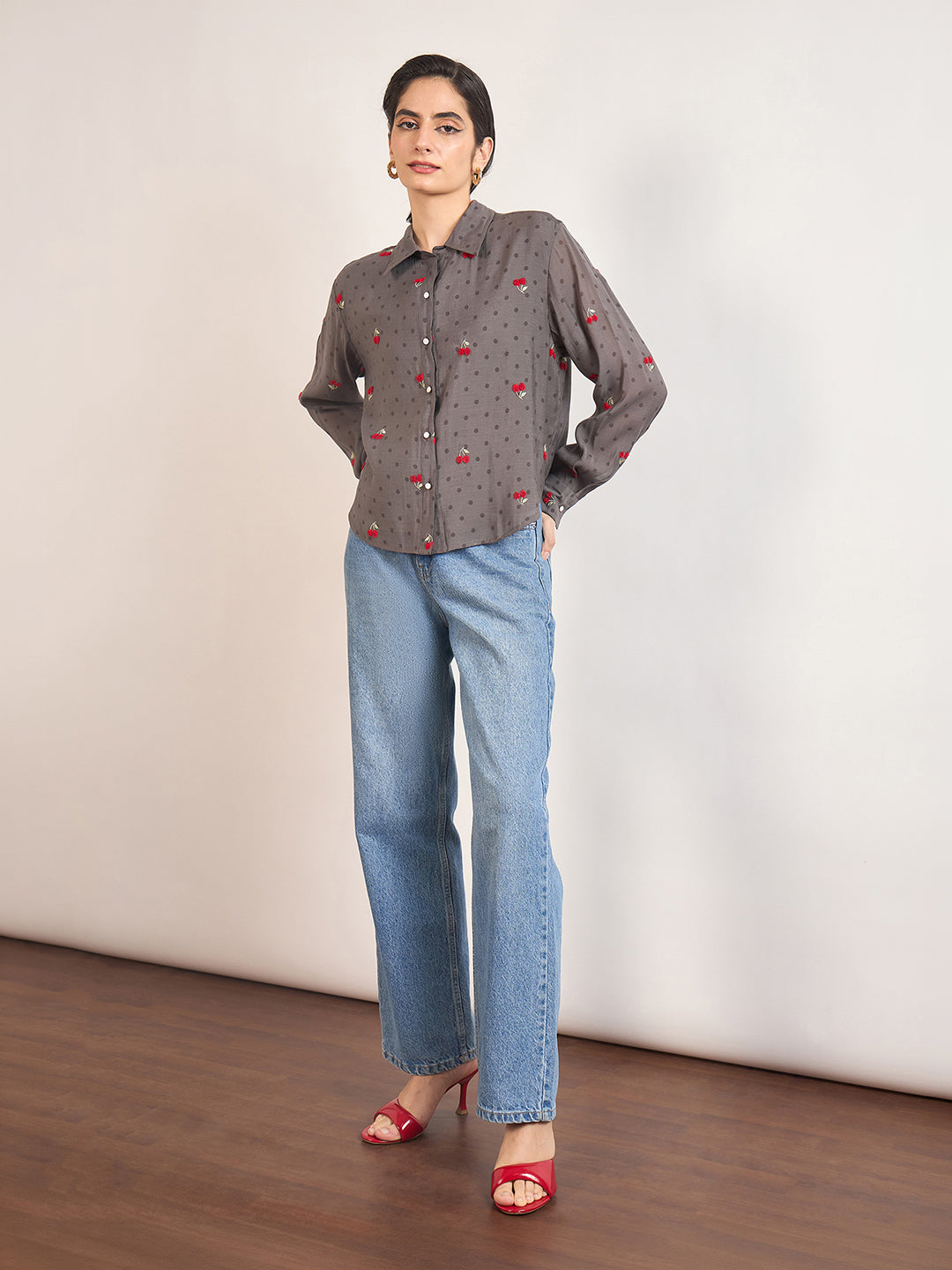 Grey Short Length Self Embroidery Nylon Viscose Shirt