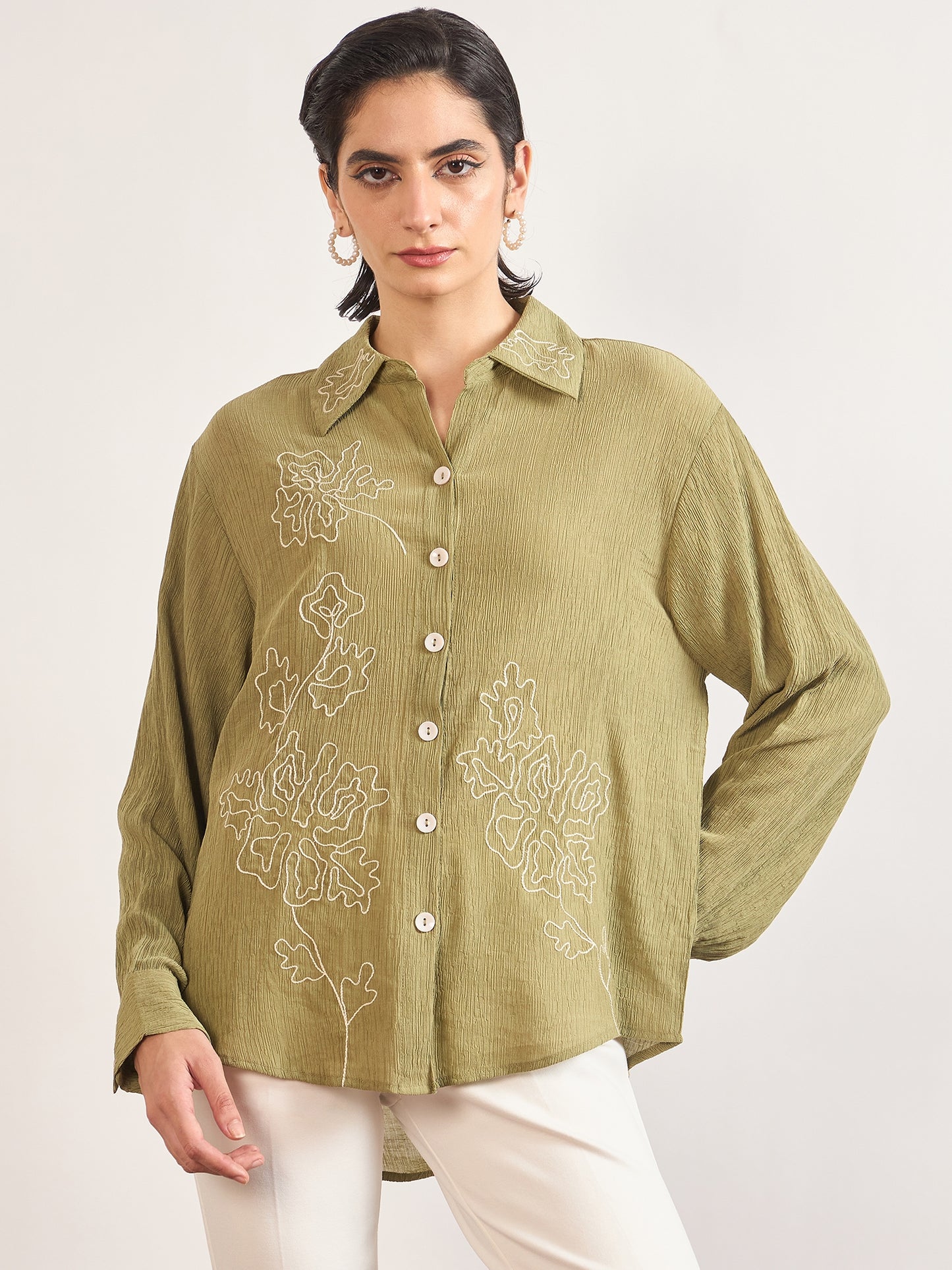 Olive Viscose Shirt with Contrast Thread Embroidery