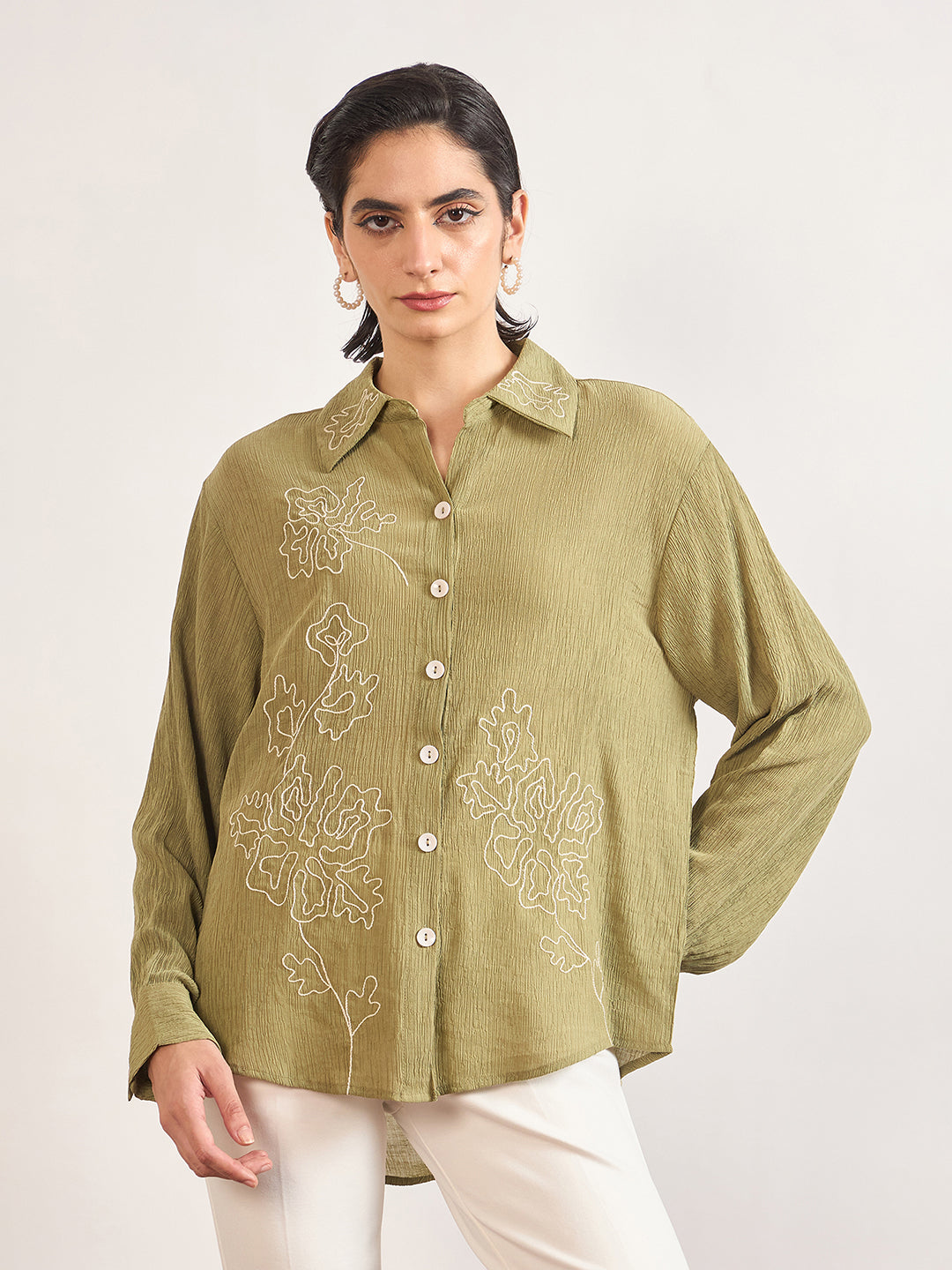 Olive Viscose Shirt with Contrast Thread Embroidery
