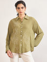 Olive Viscose Shirt with Contrast Thread Embroidery