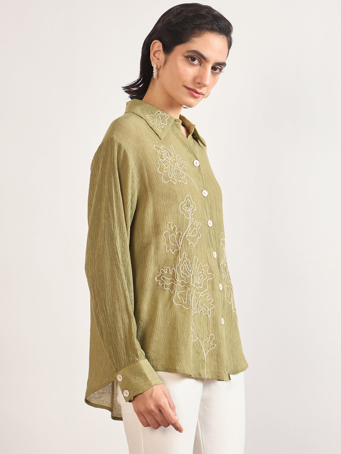 Olive Viscose Shirt with Contrast Thread Embroidery