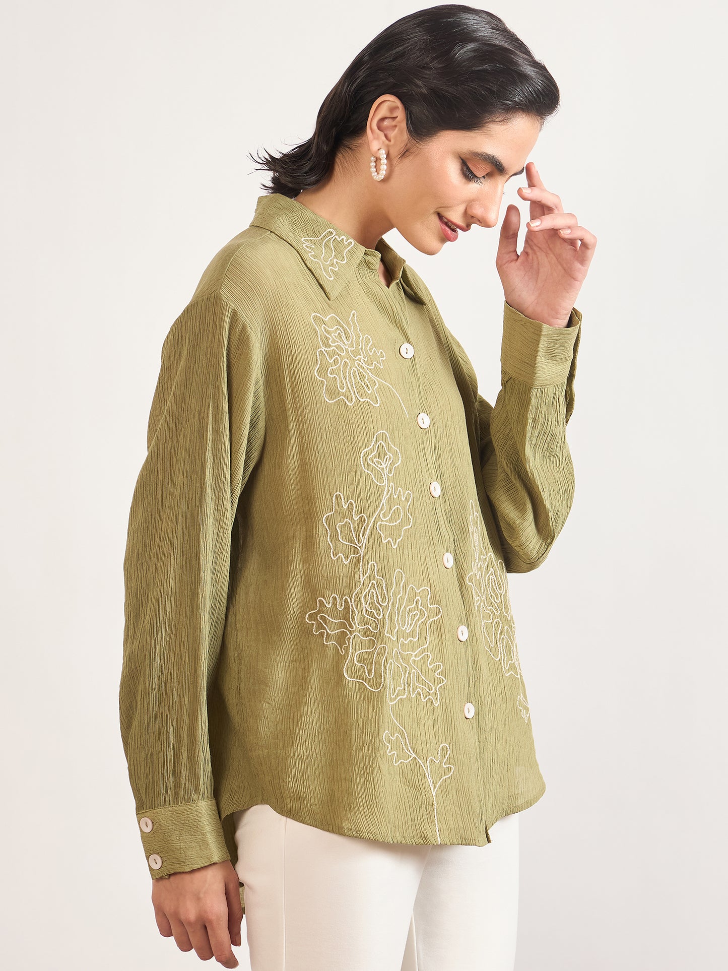 Olive Viscose Shirt with Contrast Thread Embroidery