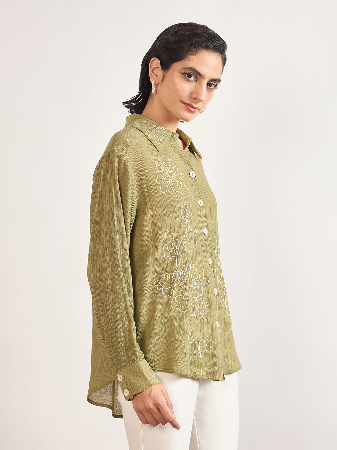 Olive Viscose Shirt with Contrast Thread Embroidery