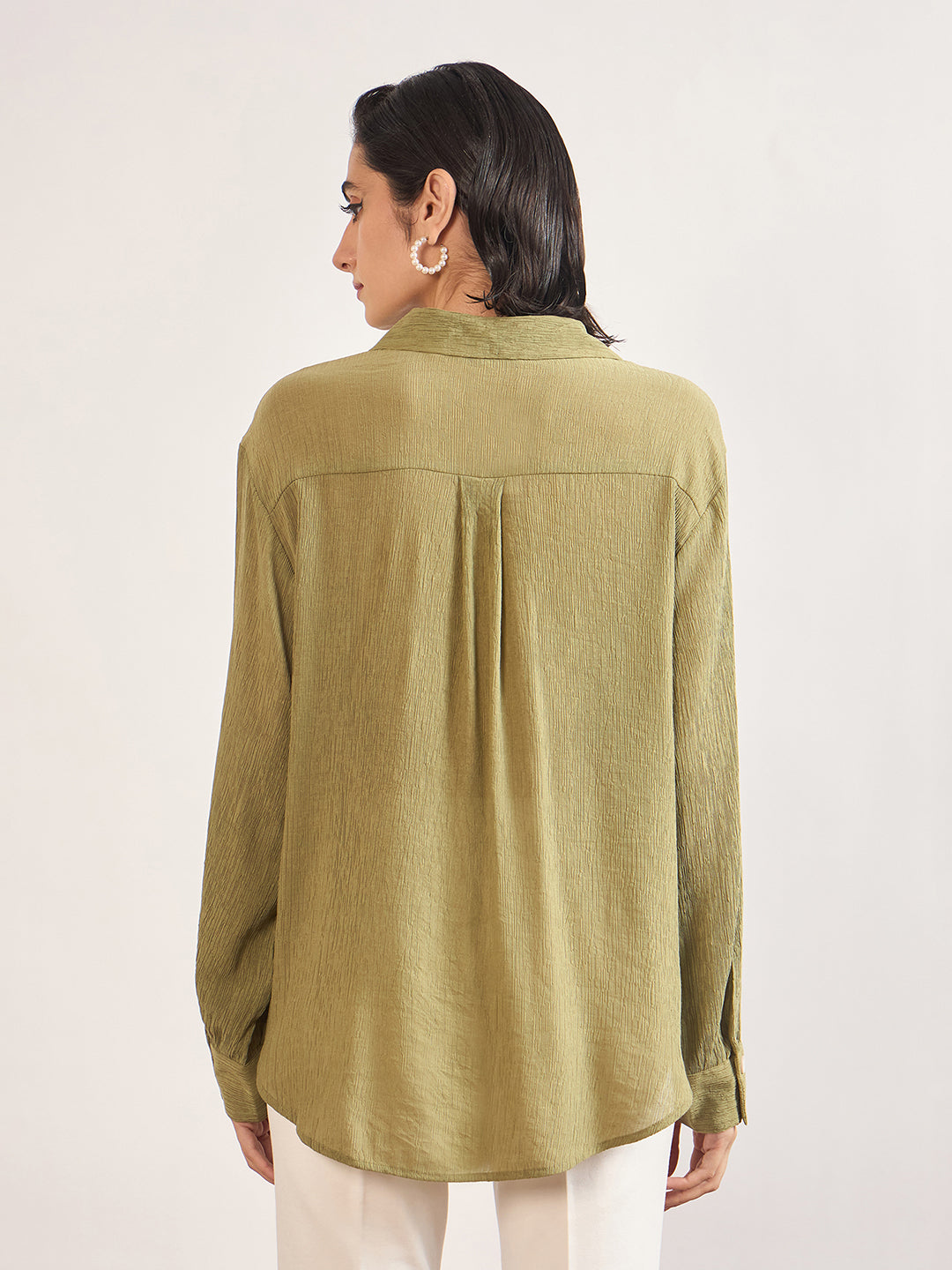 Olive Viscose Shirt with Contrast Thread Embroidery