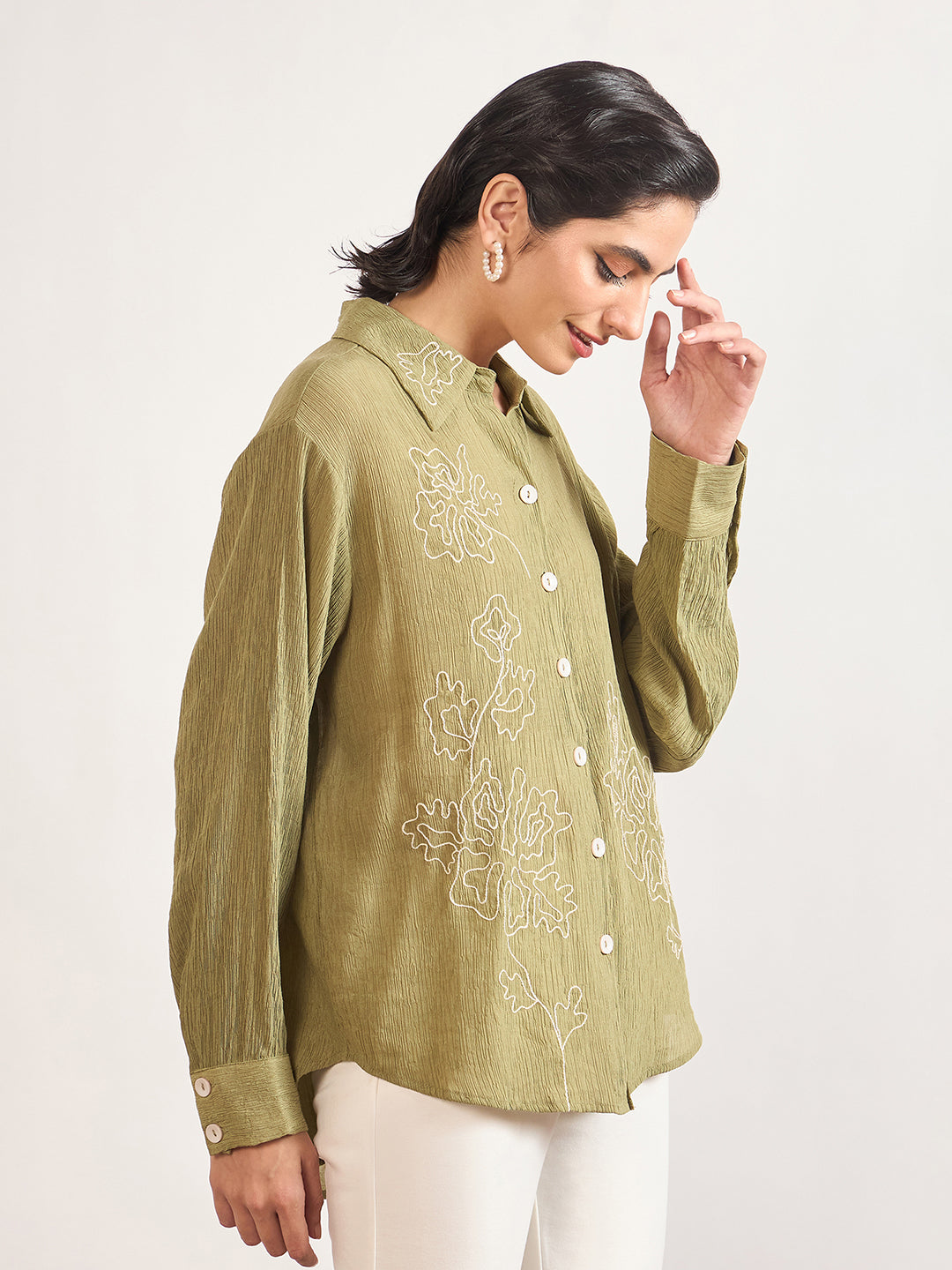 Olive Viscose Shirt with Contrast Thread Embroidery